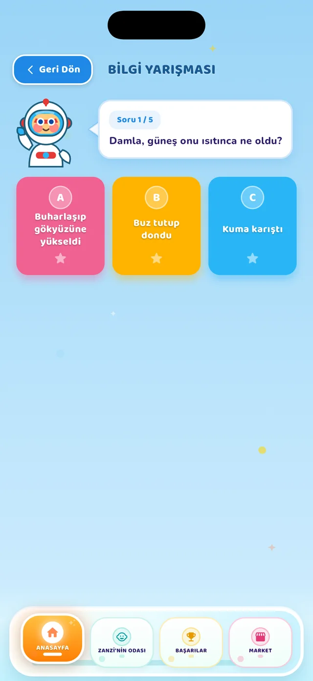 Quiz ekranı: üç şıklı soru